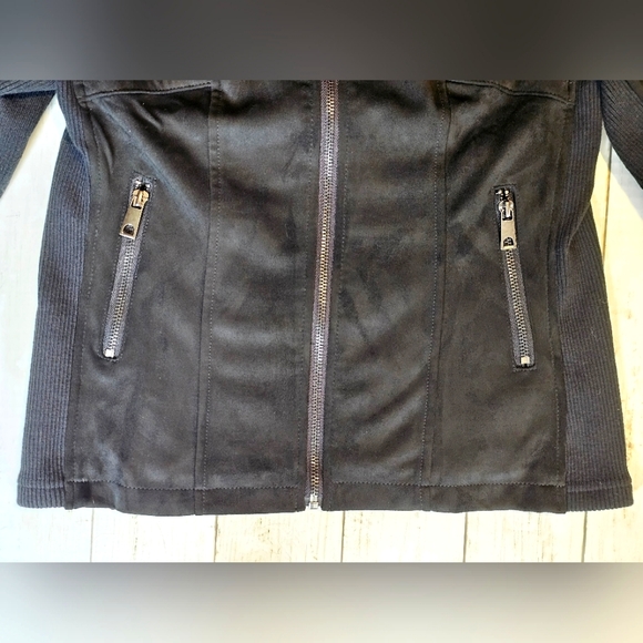 NEW SPYM Sleek Black Faux Suede Moto Stretchy Jacket Ribbed Sides & Sleeves - Picture 6 of 12